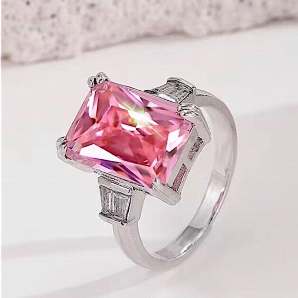 New Silver Square Cut Pink Statement Amethyst Ring